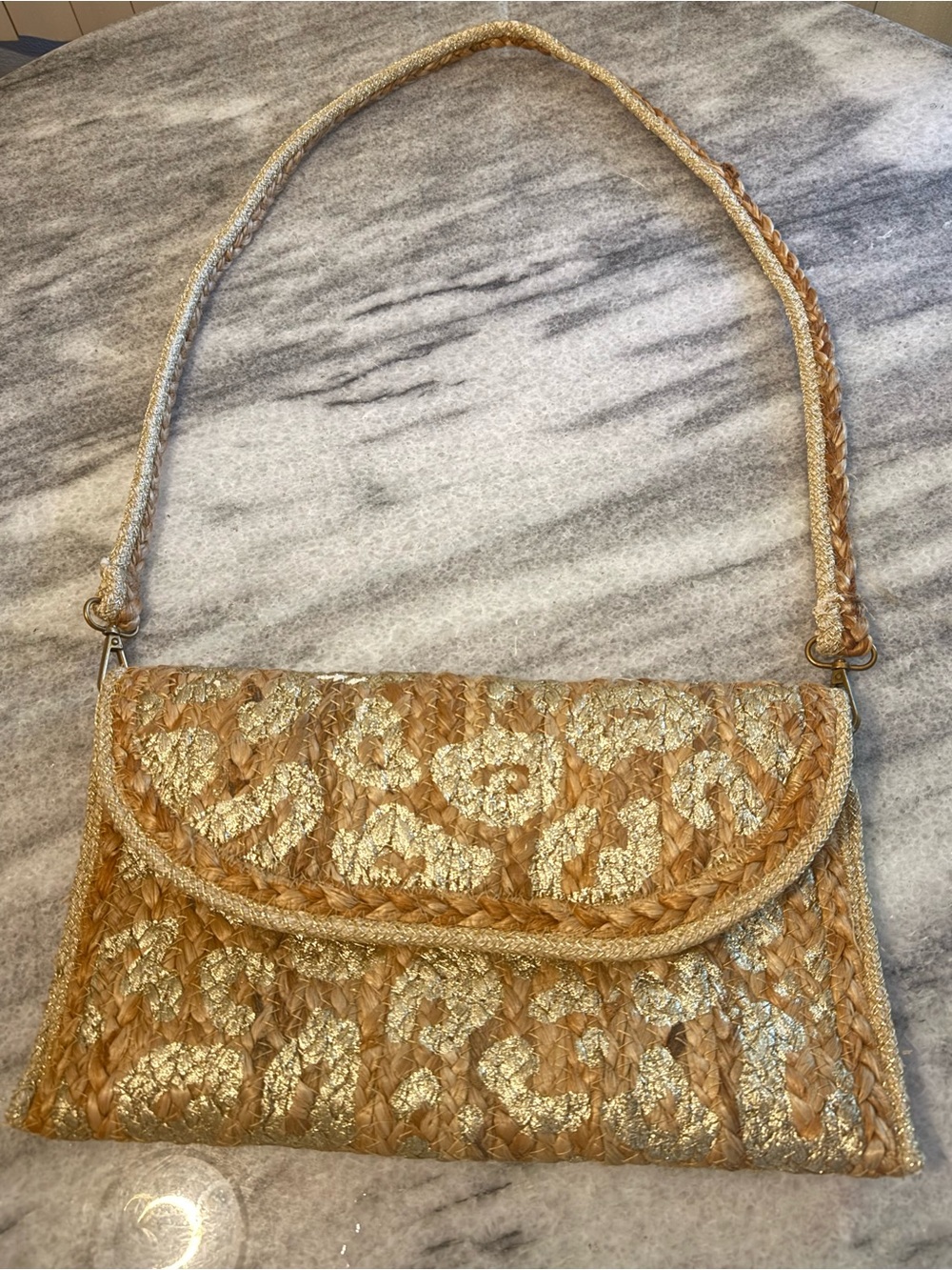 Metallic Gold Jute Raffia Woven Shoulder Bag Boho Beach Purse Made in India